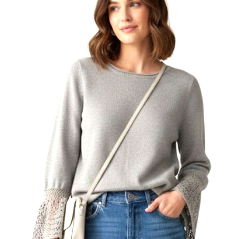 ✨ Garnet Hill Grey Cotton Cashmere Crochet Cuff Sweater - Size L ✨